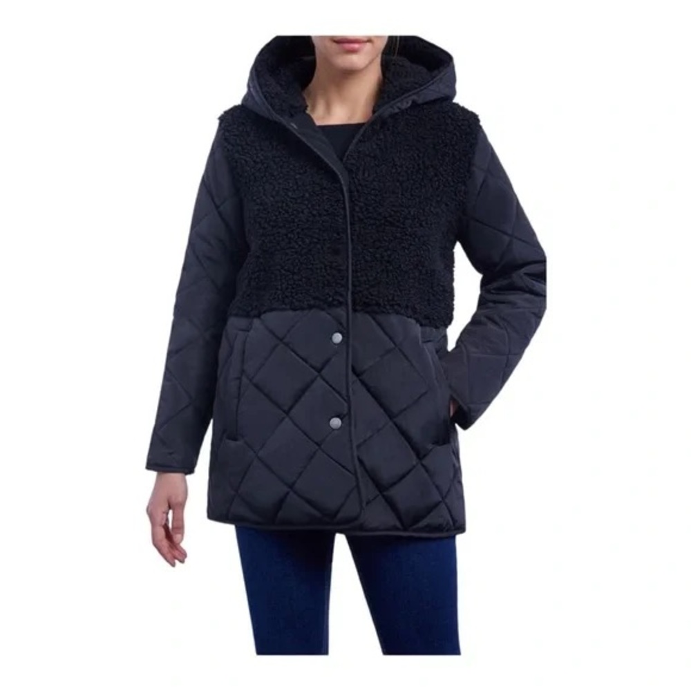 NWOT 🍀 Lucky Brand Mixed Media Quilted Faux Shearling Jacket Black